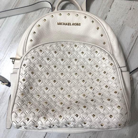 Michael Kors Abbey Backpack Gold Studded Cream Party Travel Woven Purse FLAW - Picture 1 of 10